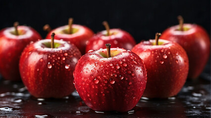 several red apples covered with water drops, on a black background
