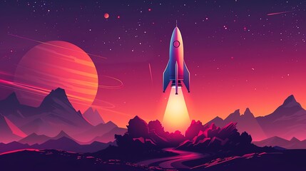 A rocket ship launching from a planetary landscape with a starry sky and a large moon in the background. - obrazy, fototapety, plakaty
