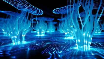 Obraz premium underwater landscape with data streams flowing like waves and bioluminescent creatures