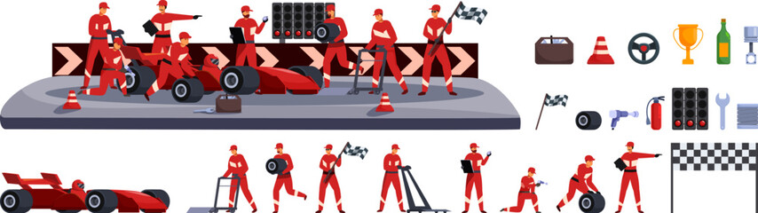 Racing car pit stop icons set cartoon vector. Crew performing. Fast speed