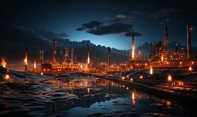 Illuminated Oil Refinery With Water Reflection