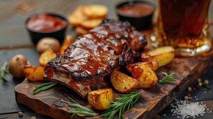 Fried potatoes and a large piece of meat on a wooden surface with beer and sauce