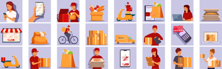 Ordering products home icons set cartoon vector. Mobile user. App fresh food