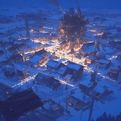 Cozy Town Amidst the Cold: A Stylized Map Illustration