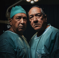 two men facing camera wearing surgical scrubs looking entranced with scalpel in their left hand where one is the older white male mentor 