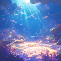 Fototapeta na wymiar Explore the Mystical Underwater World: Bright Rays of Light Penetrating Blue Waters