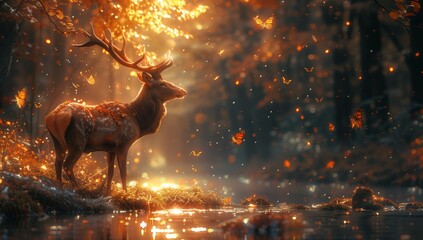 A deer stands gracefully in a natural forest landscape, next to a flowing river. Its majestic horns stand out against the darkness of the surrounding trees