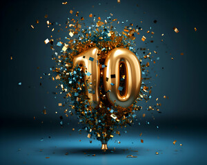 Number 10 made of golden confetti. 3D render isolated on dark background