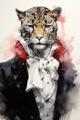 A suave leopard in a velvet smoking jacket and silk cravat - obrazy, fototapety, plakaty