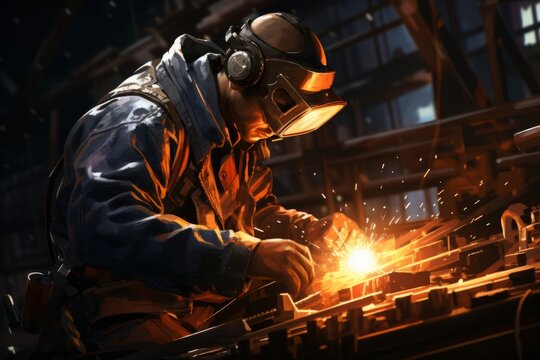 specialist welding a metal part in a workshop. The welder is focused on joining the pieces together, creating a strong bond. Sparks fly as the welding torch melts the metal