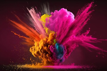 Colorful Explosion of Powder on Dark Pink Background - Digital Art