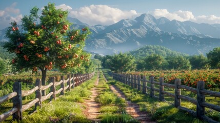 Wooden fence, fruit trees in the distance, mountains, generative AI.