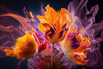 Colorful Close-Up of Tulip Flowers with Smoke Background - Explosion of Colors