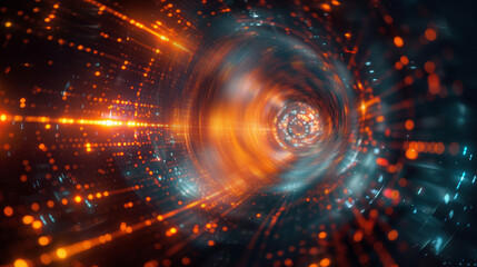 Obraz premium Internet, 3d tunnel and technology for network, online and abstract structure. Telecommunication, fiber optic or ethernet for data and connection, wires and digital or future electronic server