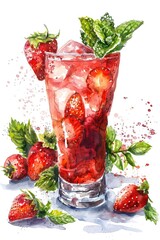 Fresh Strawberry Mint Cocktail Watercolor Illustration