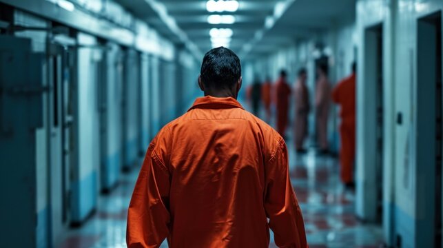 Rear view of prisoner in orange uniform walking in prison corridor