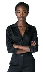 Woman, African businesswoman with a sober smile, formal wear, confidence, successful, with her arms crossed Isolated on transparent white background