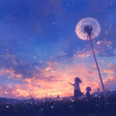 Enchanting Silhouette of Children Making Wishes on Dandelions at Sunrise