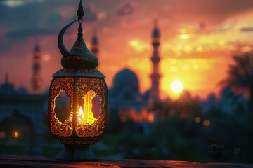 A peaceful beach scene with a lamaic lantern in the foreground with blurred mosque view 