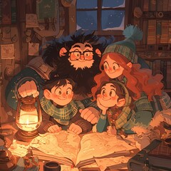 Warm and inviting illustration of a family huddled around a lantern at night, sharing a story from an open book.