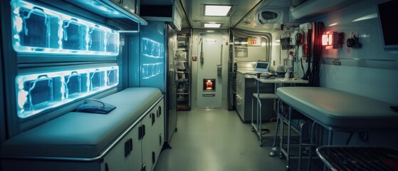 A scene inside a mobile pharmaceutical lab, which travels to underserved areas to provide on-site drug synthesis and patient care