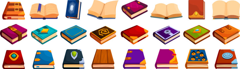 Fantasy paper book icons set cartoon vector. Hard cover. Magic gems