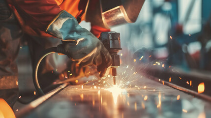A man in a blue jumpsuit is working with a welding torch. Concept of danger and risk, as the sparks and heat from the torch can cause serious injury if not handled properly - obrazy, fototapety, plakaty