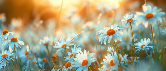 Fototapeta na wymiar golden hour glow on a field of wild daisies. Generative AI