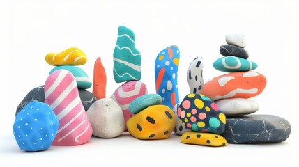 Funny claymotion colorful pattern rocks isolated on white background, style 3D