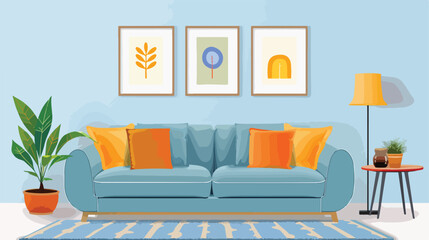 Illustration Mockup photo frame on the wall of living