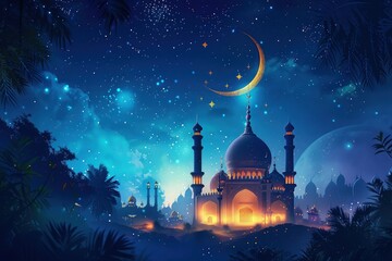 A captivating scene with a glowing moon and lamaic lantern, set against a radiant background with a mosque silhouette, merging elements of spirituality and transmutation.