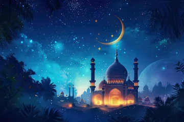 Foto op Canvas A captivating scene with a glowing moon and lamaic lantern, set against a radiant background with a mosque silhouette, merging elements of spirituality and transmutation. © Sundas