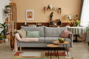 Front view background image of cozy living room interior with comfortable textile sofa and decor copy space