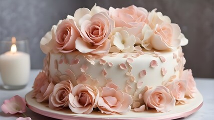 Delicate rose petals delicately arranged atop a cake, adding a touch of elegance