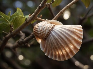 Large, beautifully patterned seashell suspended from slender tree branch, capturing essence of unexpected yet harmonious union between elements of sea, land. Shell, adorned with intricate designs.