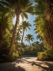 Sunlight filters through lush, green leaves of towering palm trees, casting intricate shadows on smooth stone surface below. Sky, serene canvas of blue, peeks through gaps in foliage.