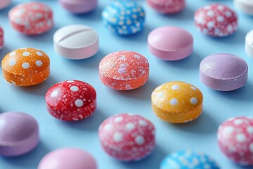 A vivid display of various pills designed to resemble candies scattered across a blue surface, evoking thoughts of healthcare and medication