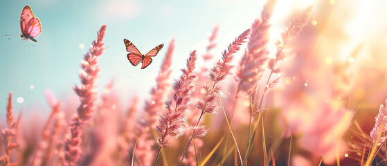 serene pink sunrise over a dreamy meadow with delicate butterflies. Generative AI - obrazy, fototapety, plakaty