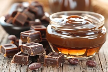 Dark chocolate candies delicately arranged beside a jar of smooth caramel spread with coffee beans