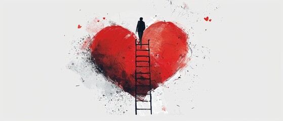 Over a white background an illustration in the style of Isidro Ferrer a big red heart shape with a ladder to the top and a man climbing it