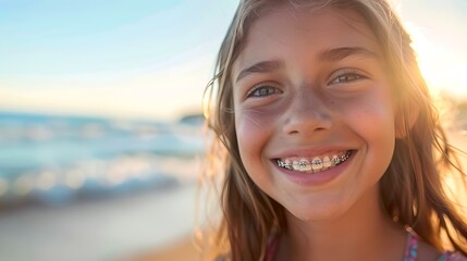 Happy girl smiling with braces, sunny beach background. Candid portrait, joy and dental care. Perfect for family and health themes. AI