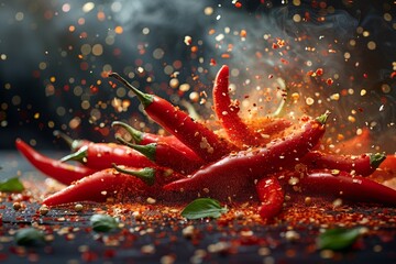 Stunning freeze-frame of red chili peppers amidst a burst of spice particles - obrazy, fototapety, plakaty