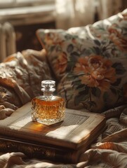 Bottle of perfume on a book with a curry couch in the background, 8k