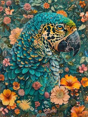 Brazilian fauna and flora, two characters, a jaguar and a blue macaw covered in flowers by harryfinney, 