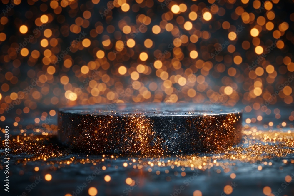 Poster close-up of a dark circular stage illuminated by a mesmerizing background of bokeh sparkles for a fe