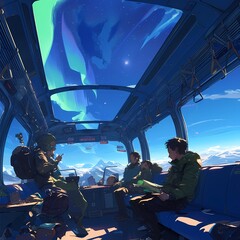 An Animated Journey Through the Aurora Borealis with Four Excited Explorers Aboard a Bullet Train