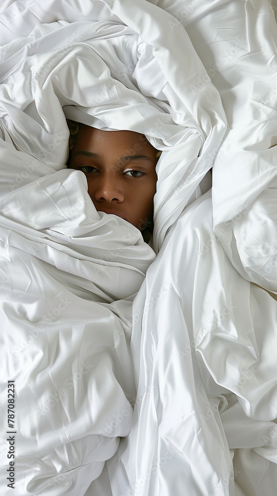 Wall mural a girl is wrapped in a white blanket