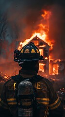A firefighter watching a house burn down, unable to help, representing helplessness and sorrow