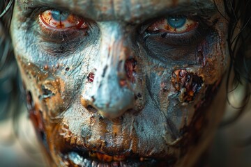 Highly detailed close-up of a face with intense eyes and grotesque zombie-like makeup and special effects - obrazy, fototapety, plakaty