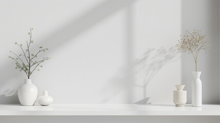 Minimalist white shelf decor with elegant ceramic vases and dried floral arrangements casting soft shadows. Empty copy space. Generative AI